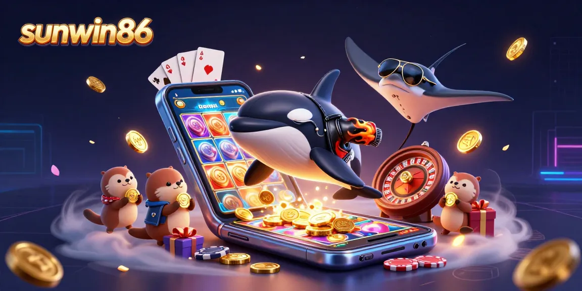 Experience thrilling wins with sunwin86 as orca, stingray, and otters celebrate with golden coins and slot games.