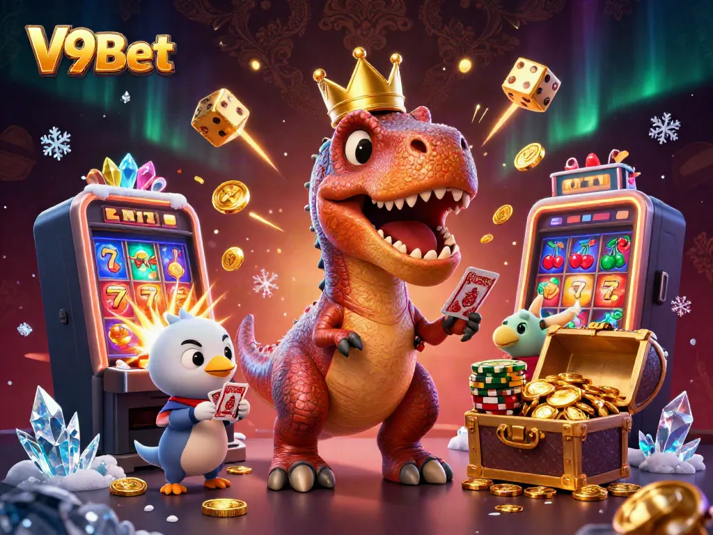 Experience the thrilling excitement of V9Bet with dynamic characters in a vibrant casino scene.