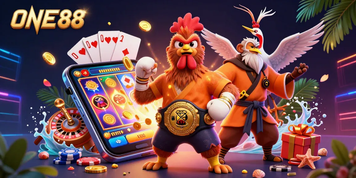 Experience the thrill at ONE88 with a vibrant 3D scene featuring dynamic casino elements and animated characters.