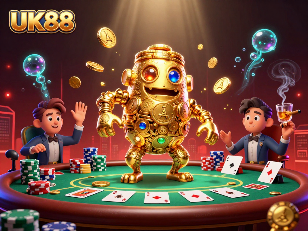 Engage with UK88's vibrant poker scene featuring a golden golem and dynamic casino elements.