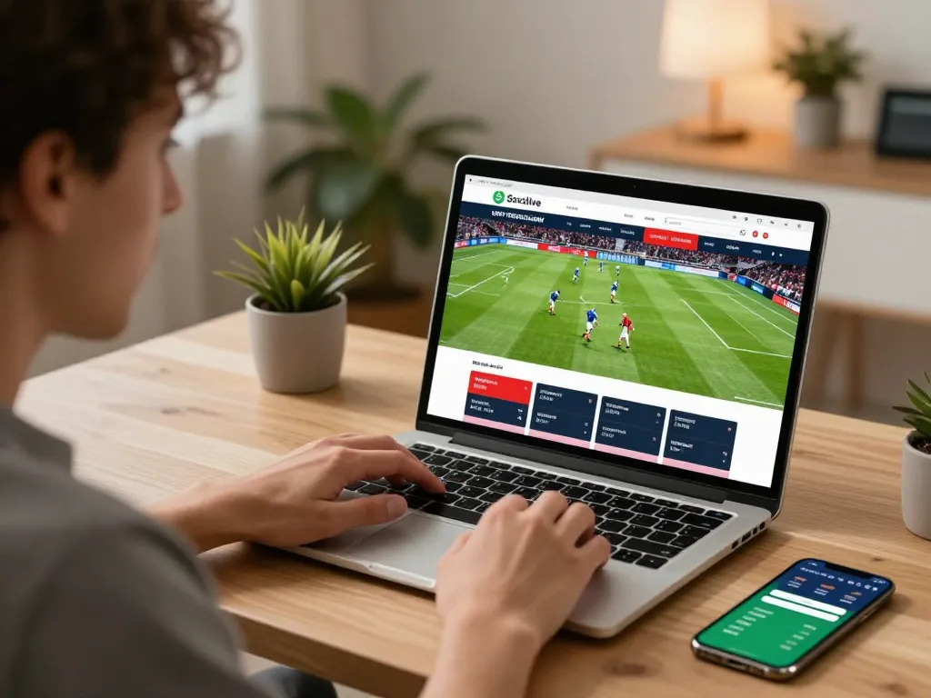 Socolive live sports betting user intensely placing bets on a laptop in a modern home office.