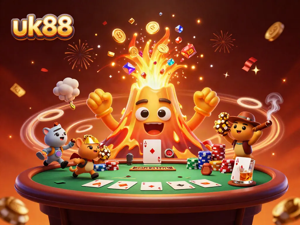 Experience the excitement of winning at uk88 with an erupting volcano, treasures, and poker elements.