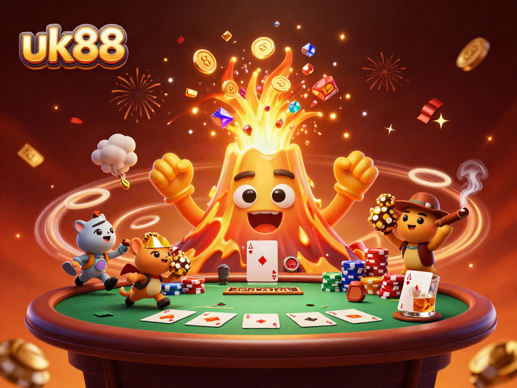 Experience the excitement of winning at uk88 with an erupting volcano, treasures, and poker elements.