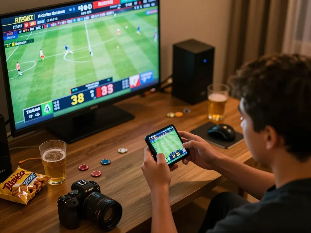 Person engaged in sports betting using 23Win app, showing excitement during live soccer match