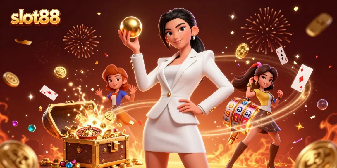 Experience excitement at slot88 with a confident Asian woman showcasing her winning strategy in a vibrant casino scene.