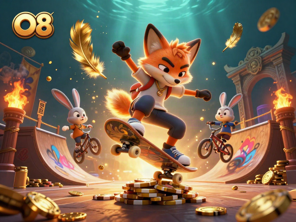 O8 showcases a thrilling 3D scene of skateboarder fox and BMX rabbit among casino symbols.