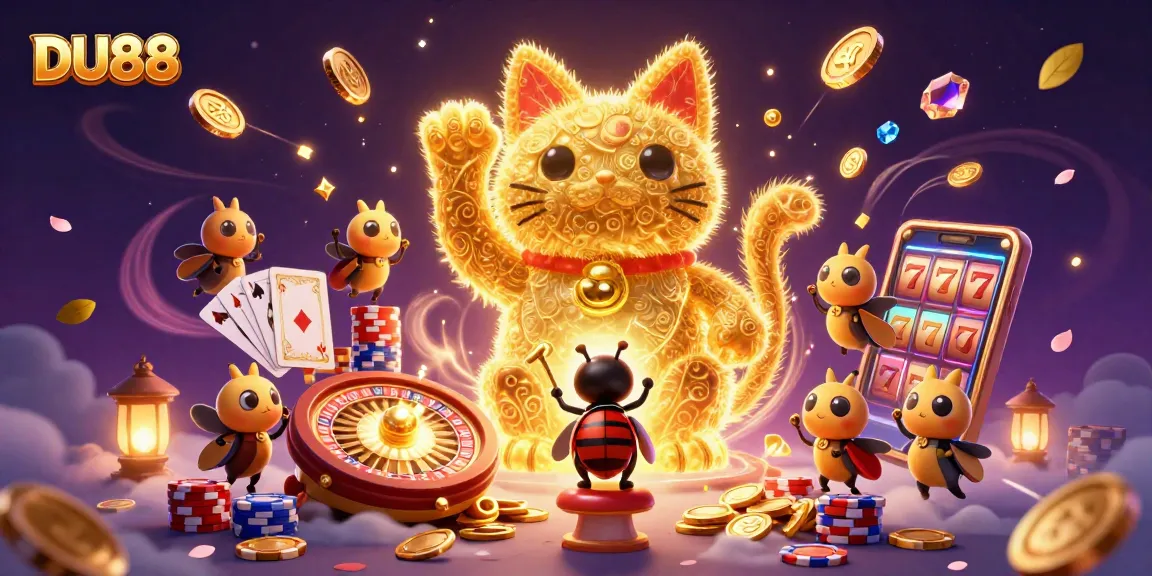 Engage with DU88's dynamic casino scene featuring lucky symbols and vibrant golden elements.