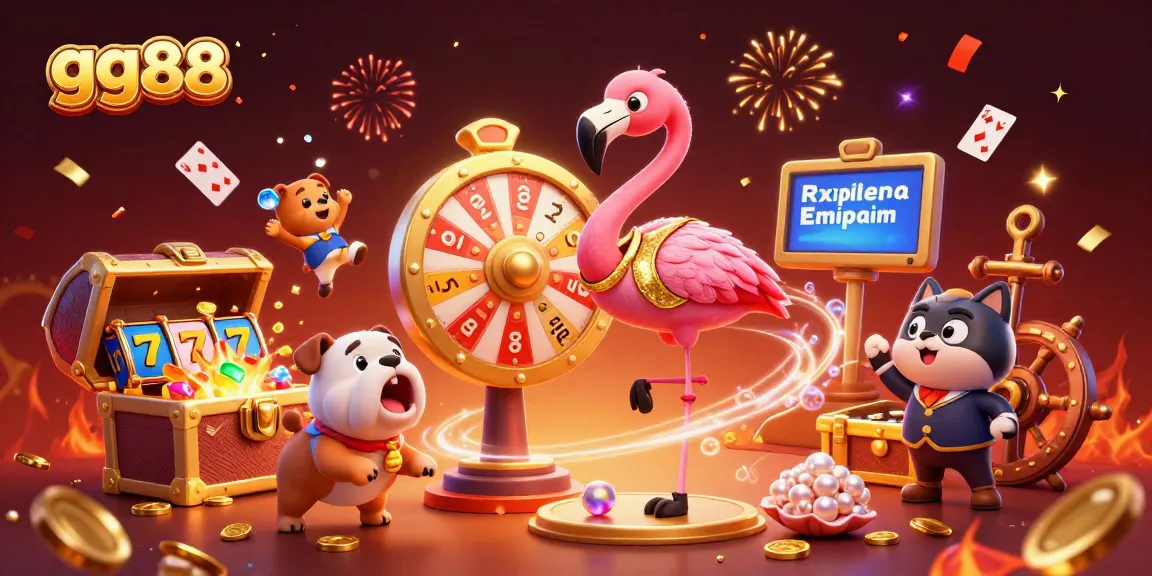 Experience thrilling games with gg88 as a flamingo host, bulldog contestant, and cat assistant at a vibrant casino scene.