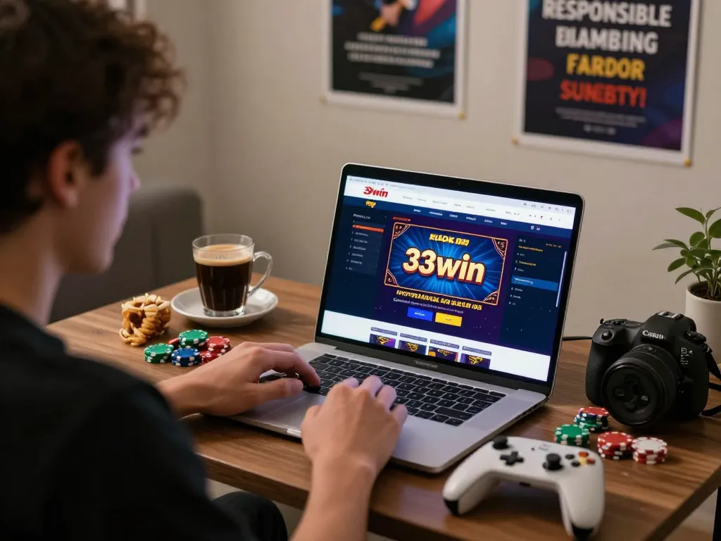 Player engaged on the 33win bet platform at home with gaming gear.