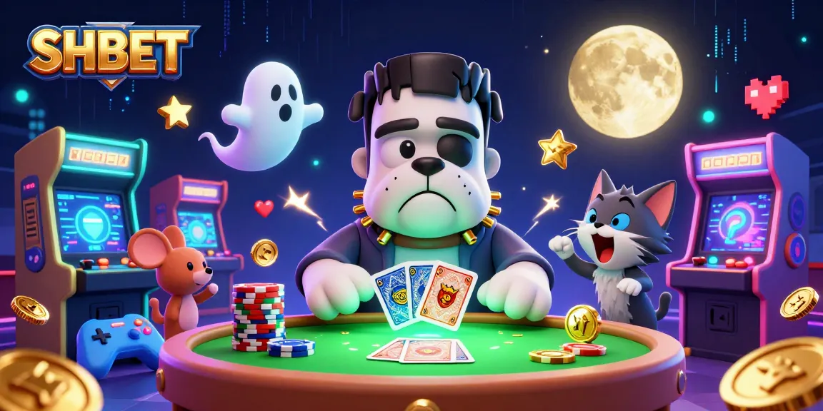 SHBET showcases a lively casino scene with a creative Frankenstein bulldog dealer, enticing players to join.