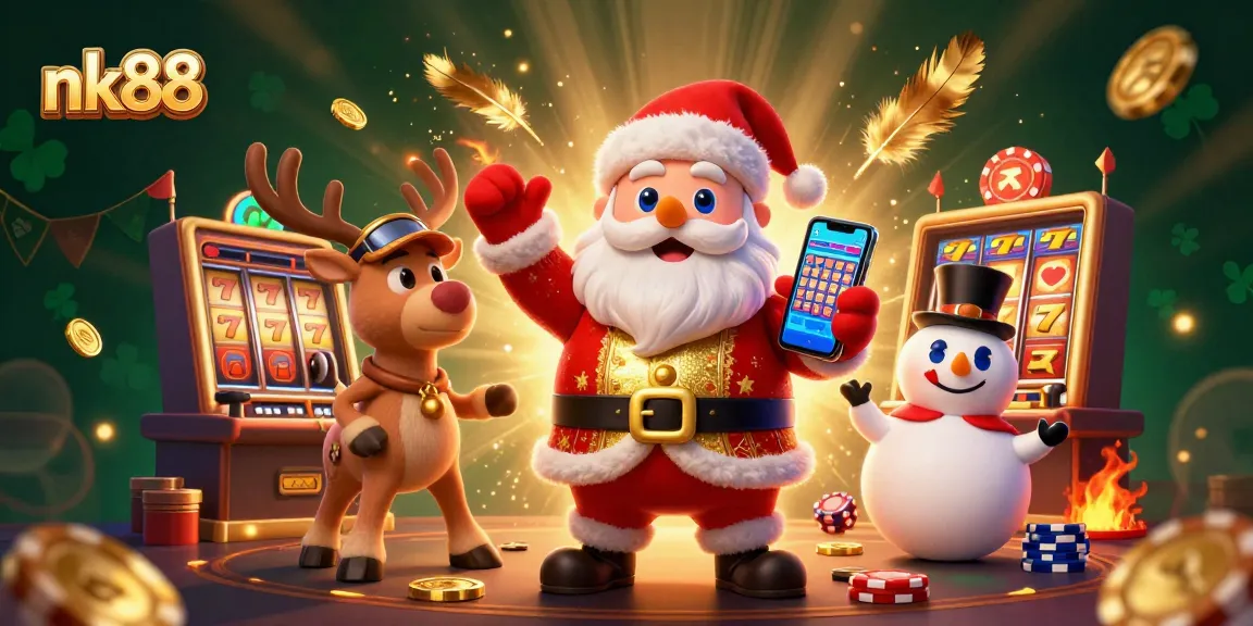 Join nk88 for exciting slot jackpots with Santa and friends in this vibrant casino illustration.