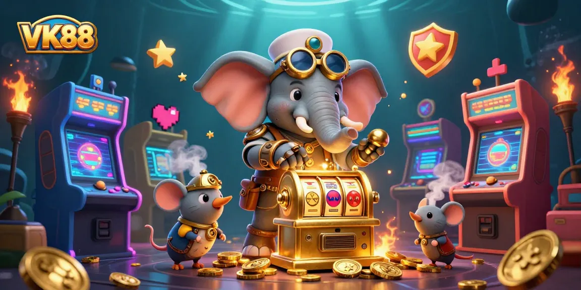 Engage with VK88 by spinning vibrant slot machines and classic arcade games in a lively casino scene.