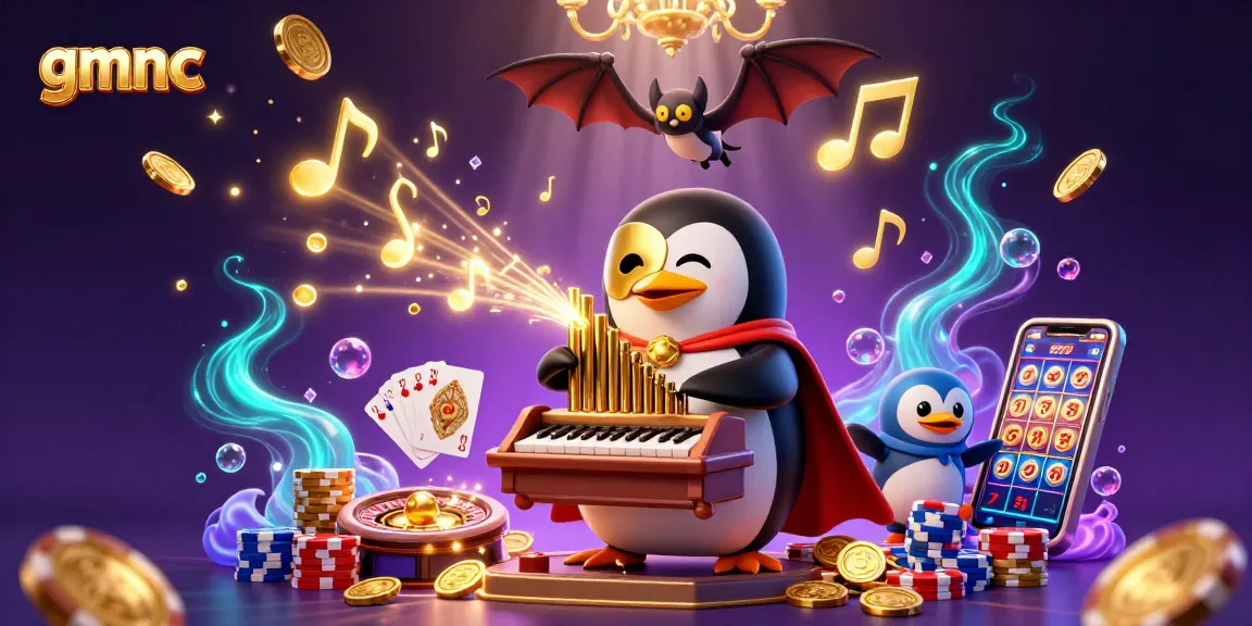 Experience excitement with gmnc as the phantom penguin plays organ shooting coins in a vibrant casino scene.