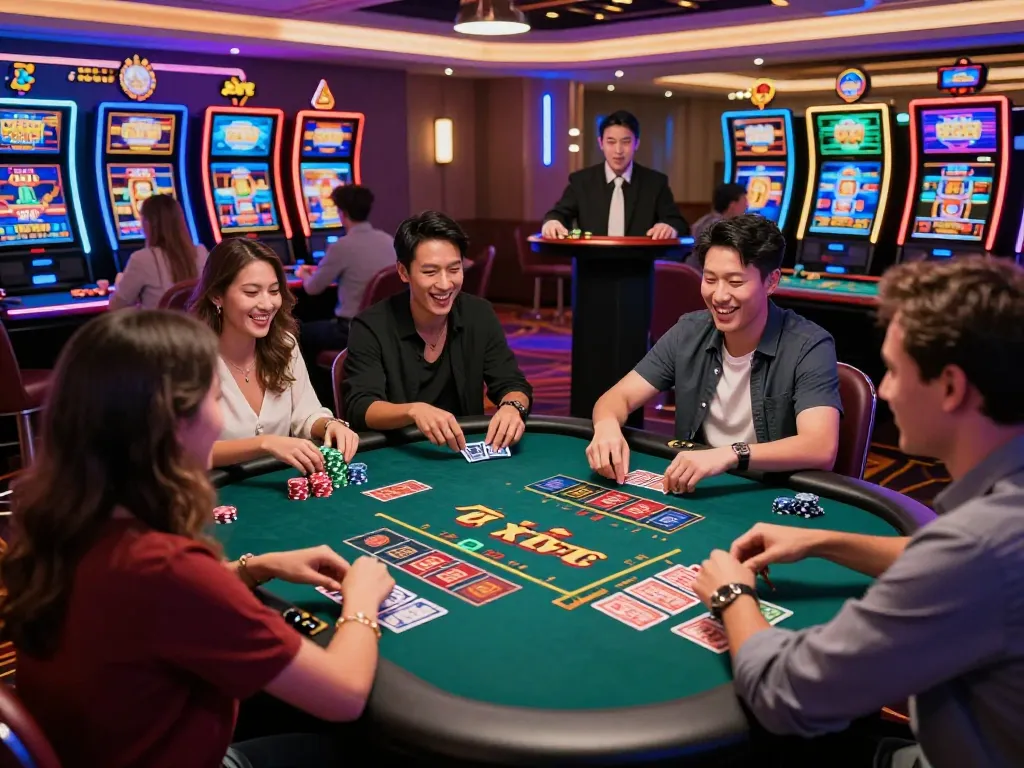 Exciting multiplayer gaming at 789club with friends enjoying Tài xỉu under vibrant neon lights.