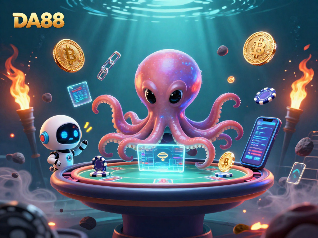 DA88 engages players with a vibrant 3D alien octopus and cryptocurrency elements in an exciting poker game