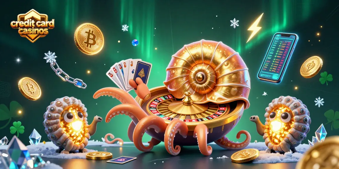 Engage with credit card casinos through an immersive 3D scene featuring a giant nautilus and glowing golden ammonites.