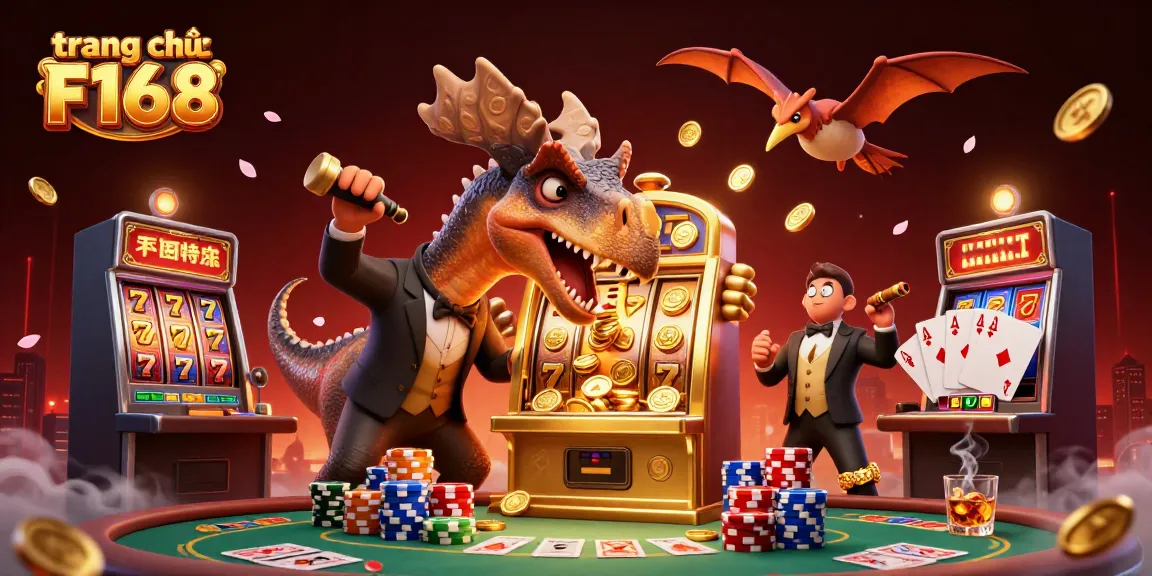 Experience thrilling moments at trang chủ F168 with a cartoon dinosaur interacting with a golden slot machine, amidst energetic casino elements.
