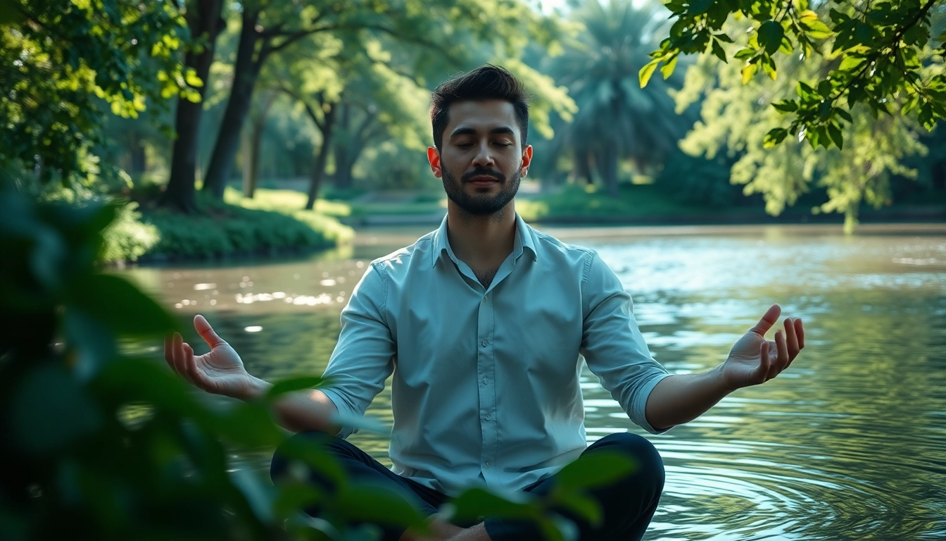 Overcoming stress and anxiety through meditation in a serene riverside setting.