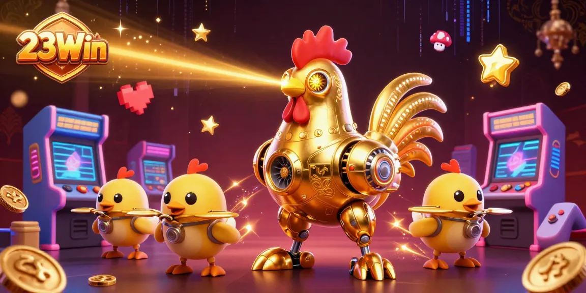 Experience thrilling gameplay with 23Win's captivating golden rooster robot and baby chick drones amidst vibrant arcade machines.