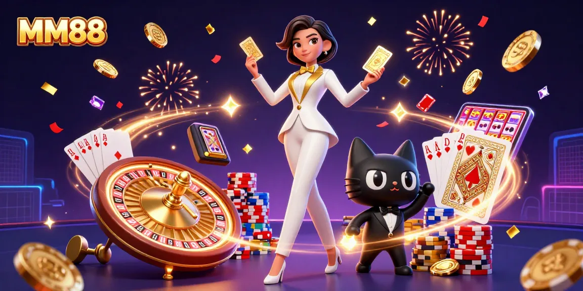 Experience the thrill of MM88 with a glamorous casino illustration featuring slot machines and poker elements.