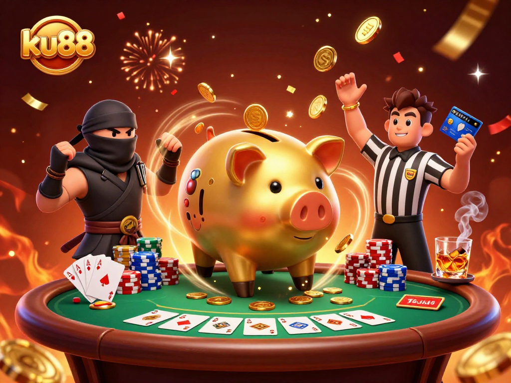 Experience exciting gameplay at ku88 with a 3D scene of a golden piggy bank sumo wrestler!