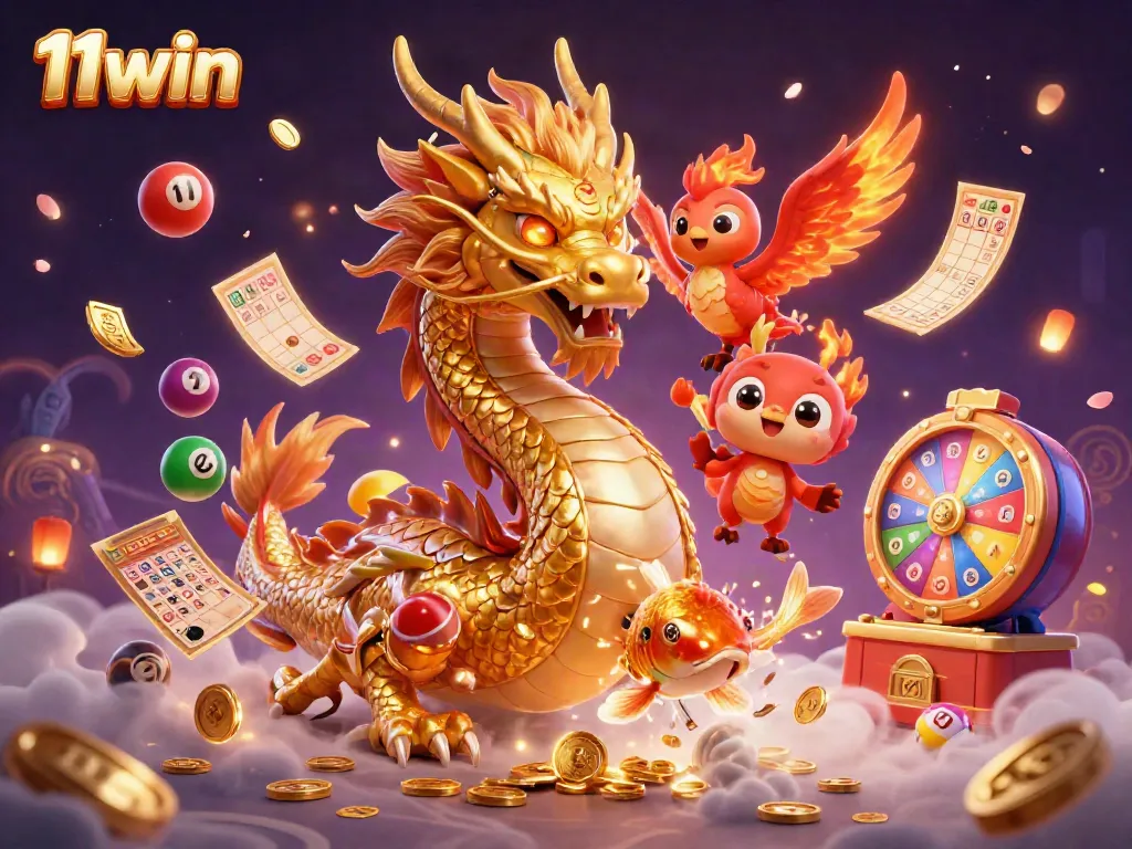 Experience thrilling gameplay at 11win with a vibrant 3D illustration of a powerful dragon and lucky elements.