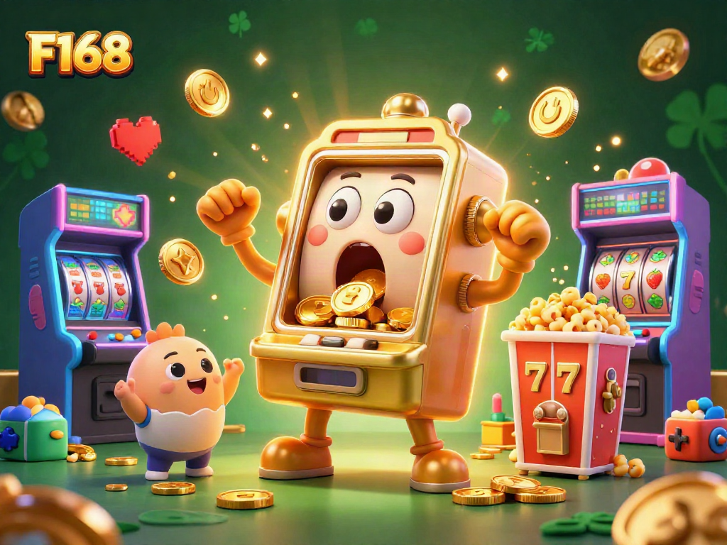 Experience F168 as the golden slot machine wins big in a jubilant casino scene.