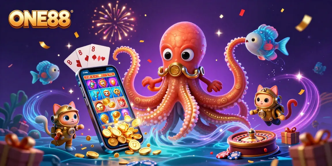 Engage with ONE88 as a colossal kraken and a diving cat unveil exciting slot adventures.
