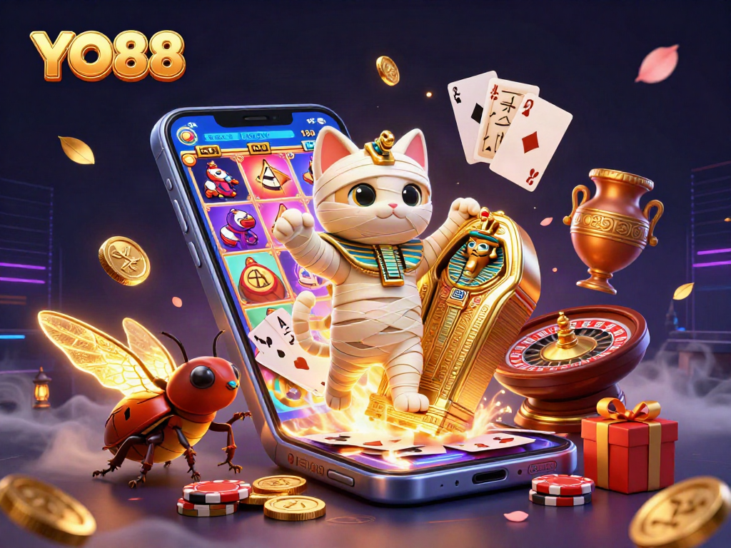 Experience exhilarating wins at YO88's vibrant casino with a mummy cat and golden artifacts.