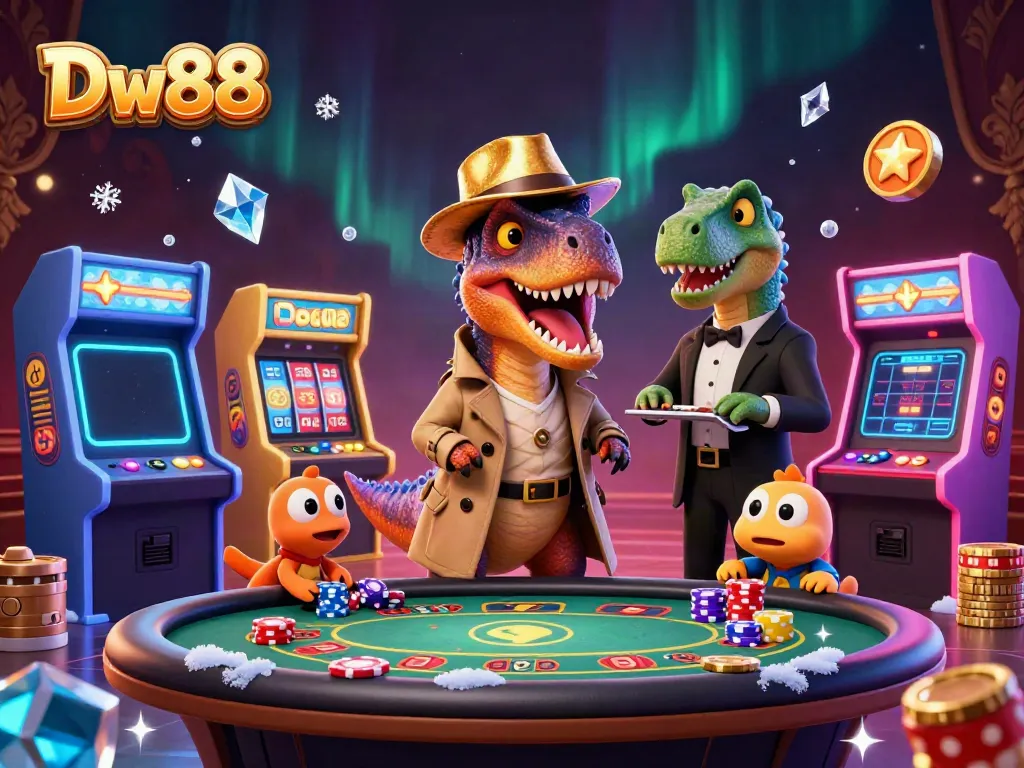 Experience thrilling gameplay at Dw88 with a lively casino scene featuring a velociraptor card counter.