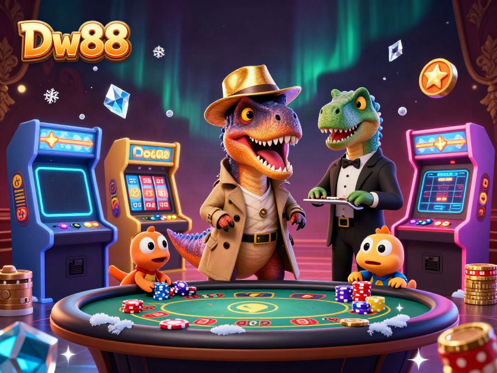 Experience thrilling gameplay at Dw88 with a lively casino scene featuring a velociraptor card counter.