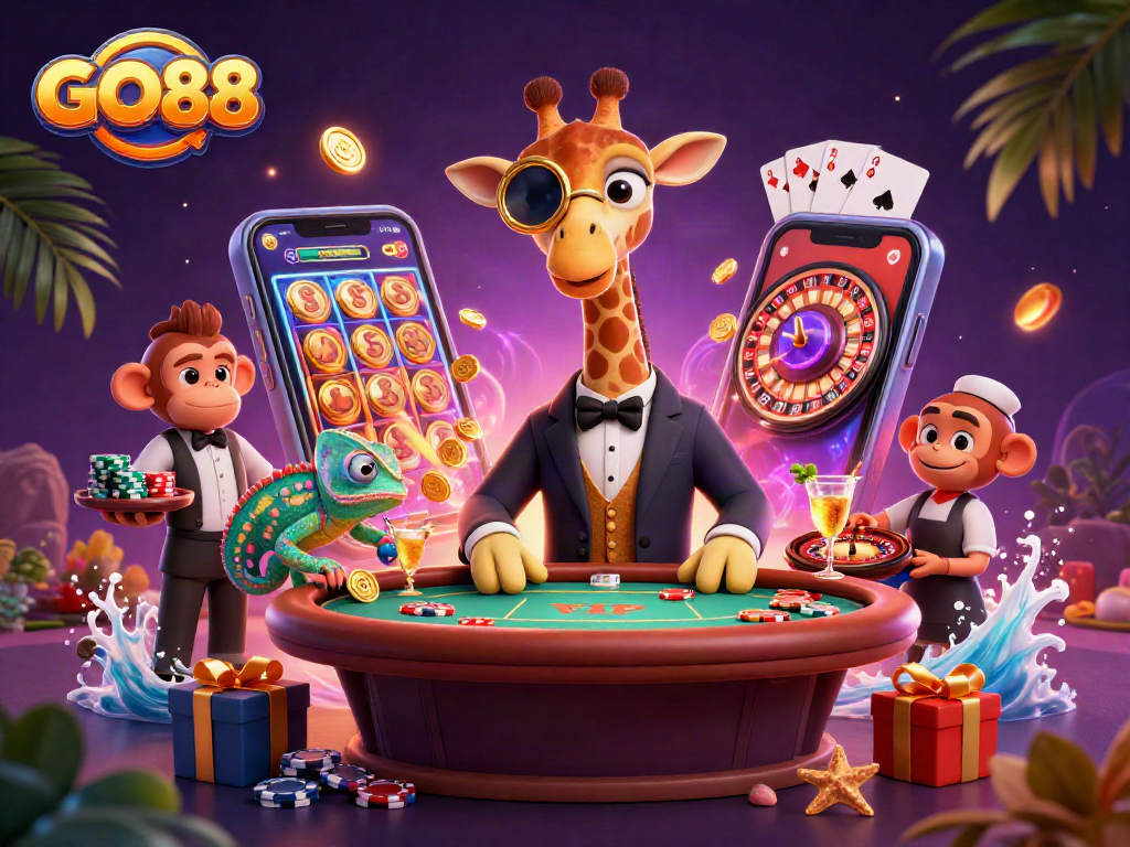 Experience GO88 gaming excitement with a high-roller giraffe and vibrant casino elements.