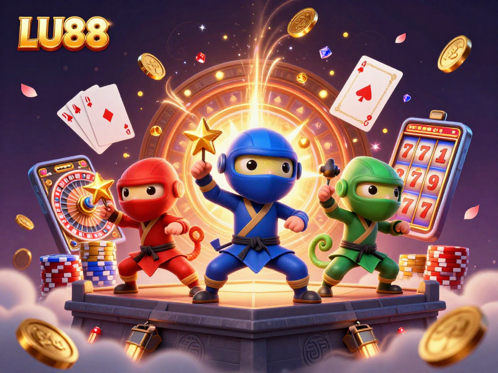 LU88 showcases a ninja chameleon trio dazzling in a dynamic casino scene with rolling roulette.