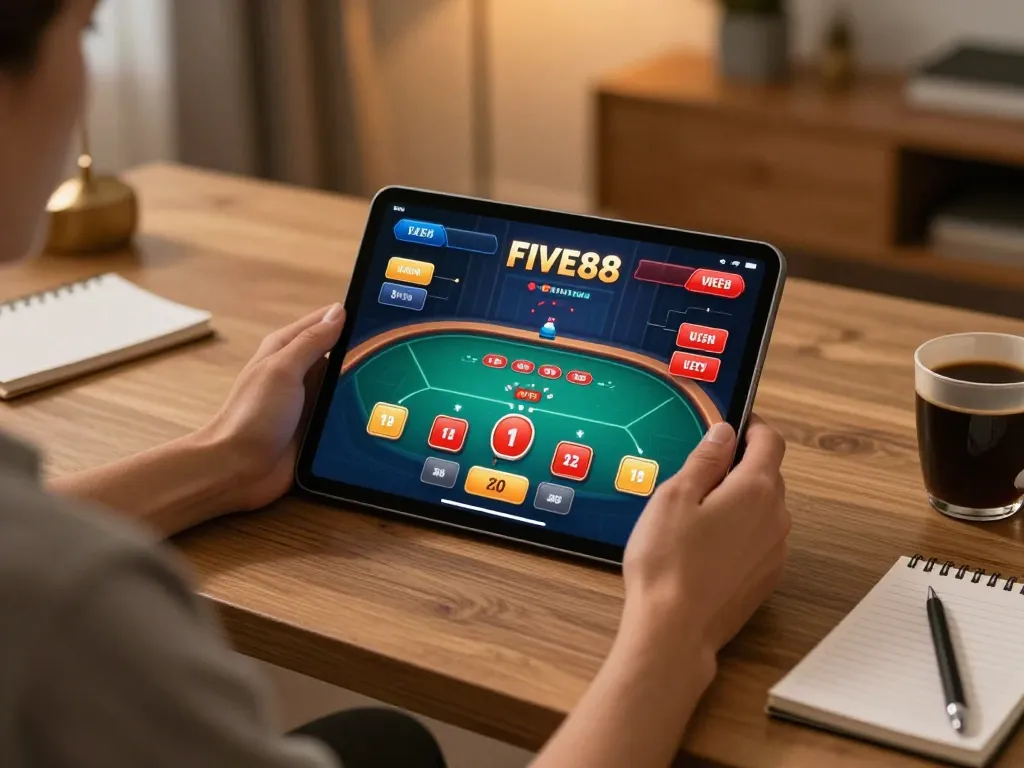 Engaging gameplay on Five88 casino app with user enjoying poker action in cozy home setting.