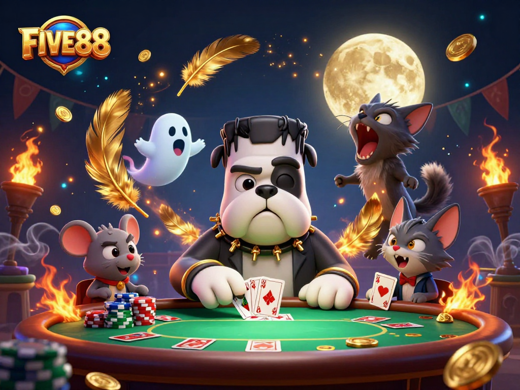 Engage with FIVE88's high-stakes poker scene showcasing a Frankenstein bulldog dealer amidst thrilling gameplay.