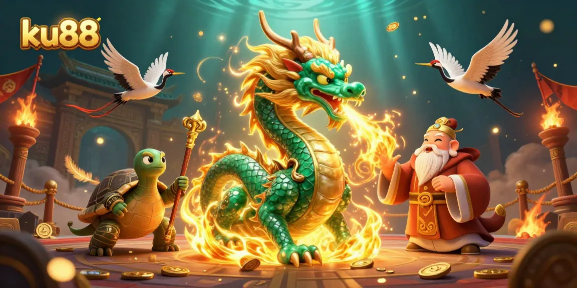 Engage with ku88's powerful gaming realm featuring a jade dragon and prize elements.
