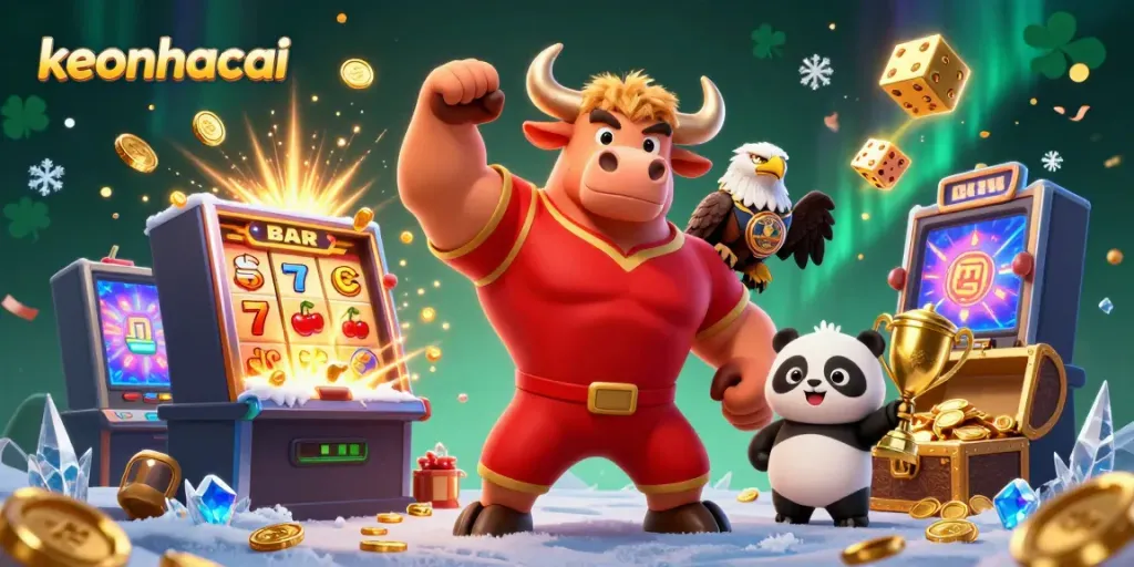 Join the keonhacai revolution with a dynamic scene featuring a victorious bull, eagle, and panda amidst dazzling casino elements.