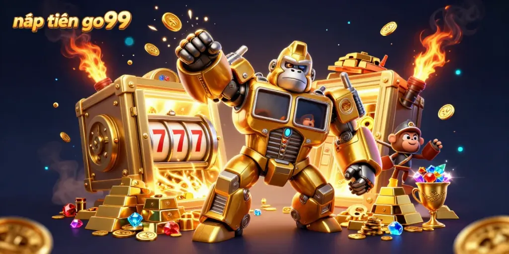Spin to win with nạp tiền go99, featuring a golden mech and treasure bursting with gems.