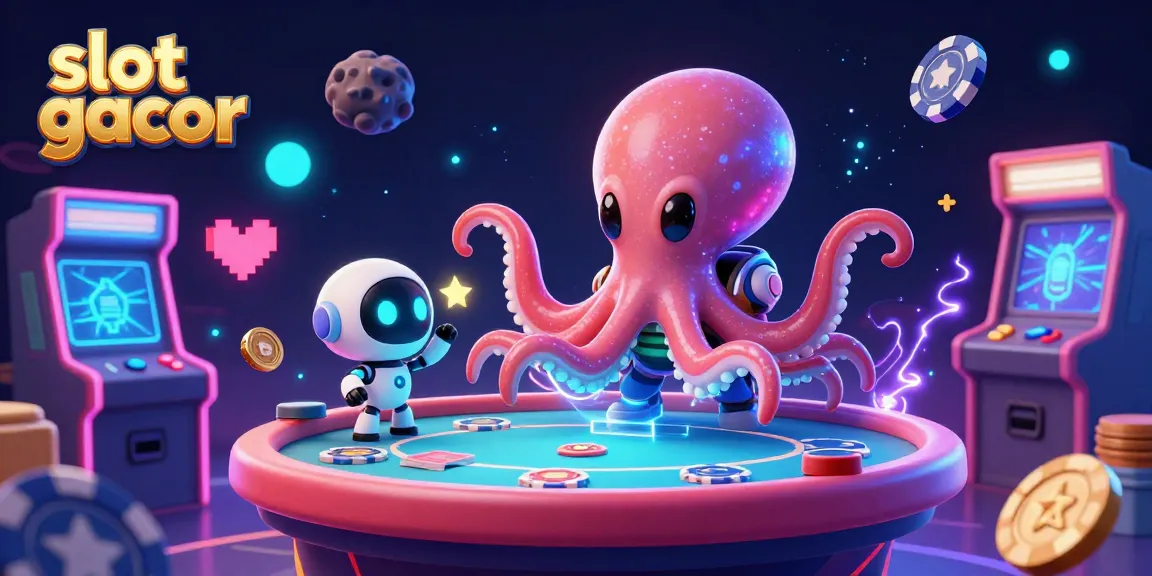 Experience slot gacor excitement with an alien octopus at a holographic poker table amid vibrant gaming elements.