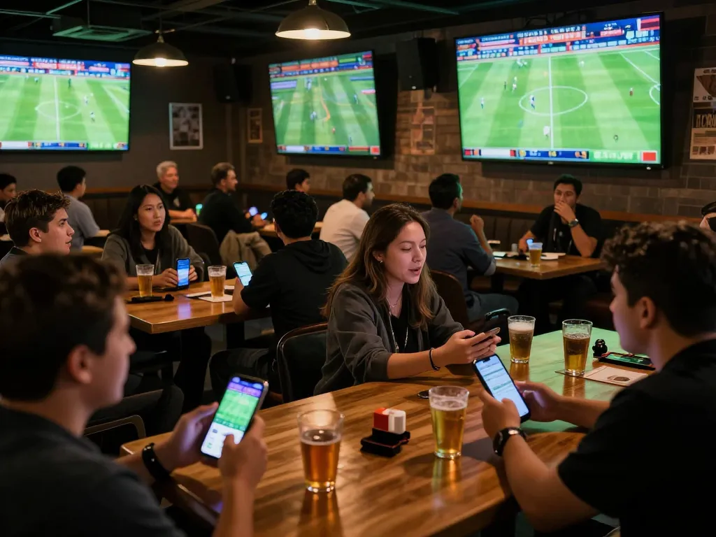 Tỷ lệ kèo trực tuyến displayed as patrons engage in live sports betting at a bustling bar.