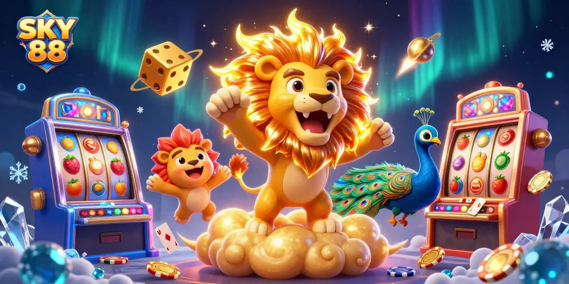Experience the thrill of SKY 88 with an exhilarating slot machine scene featuring vibrant characters and casino elements.