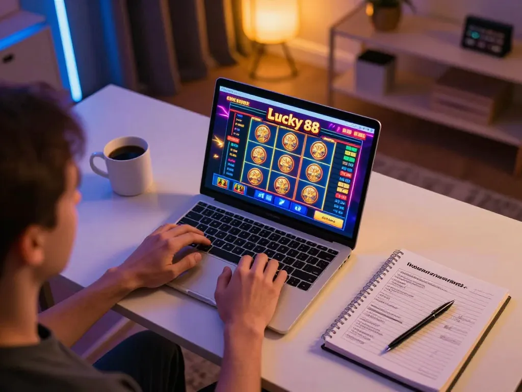 Engaging moment playing Lucky 88 slot game on a laptop with notes and strategies.
