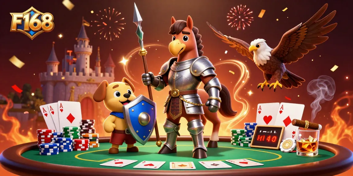 Experience thrilling games at F168 with a colorful poker setup and dynamic characters.