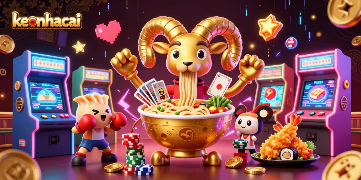 Engage with the vibrant keonhacai casino scene featuring a giant ramen bowl dealer among animated elements.