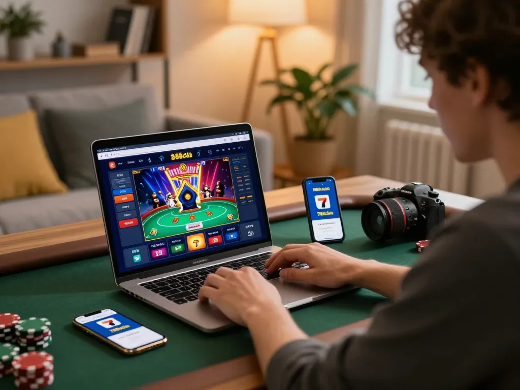 Enjoying online poker on the 789club platform at home, with laptop and smartphone visible in a cozy setup.