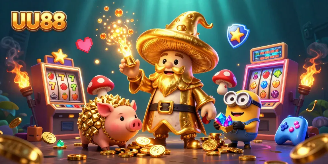 Engage with the enchanting UU88 magical world of casino treasures, featuring a golden mushroom wizard and mystical gems.