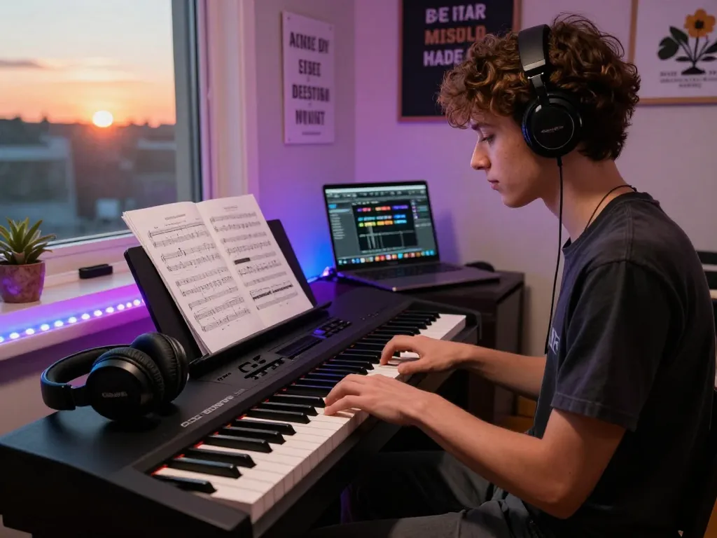 Passionate musician practicing on the go 88 digital piano in a cozy home studio.