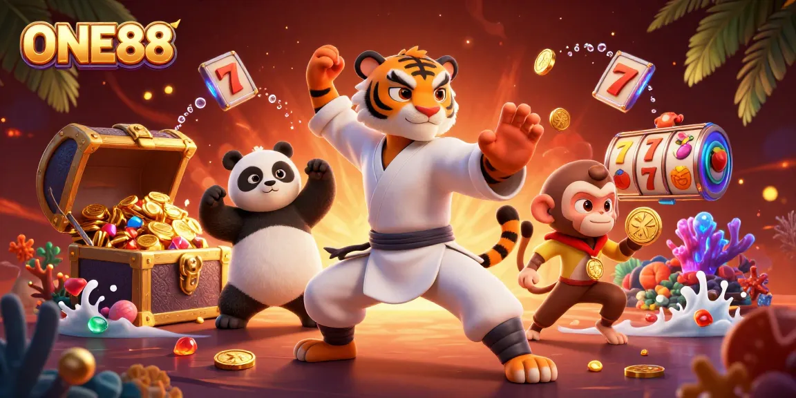 ONE88 showcases a kung fu tiger master with a panda disciple in a dynamic gambling scene.