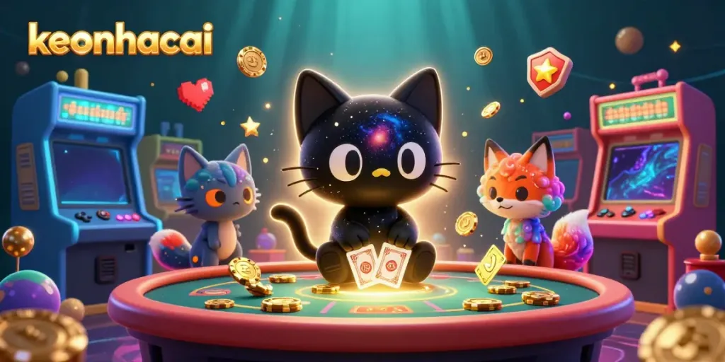 Experience dynamic gameplay at keonhacai casino with vibrant characters and golden chips in a cosmic setting.