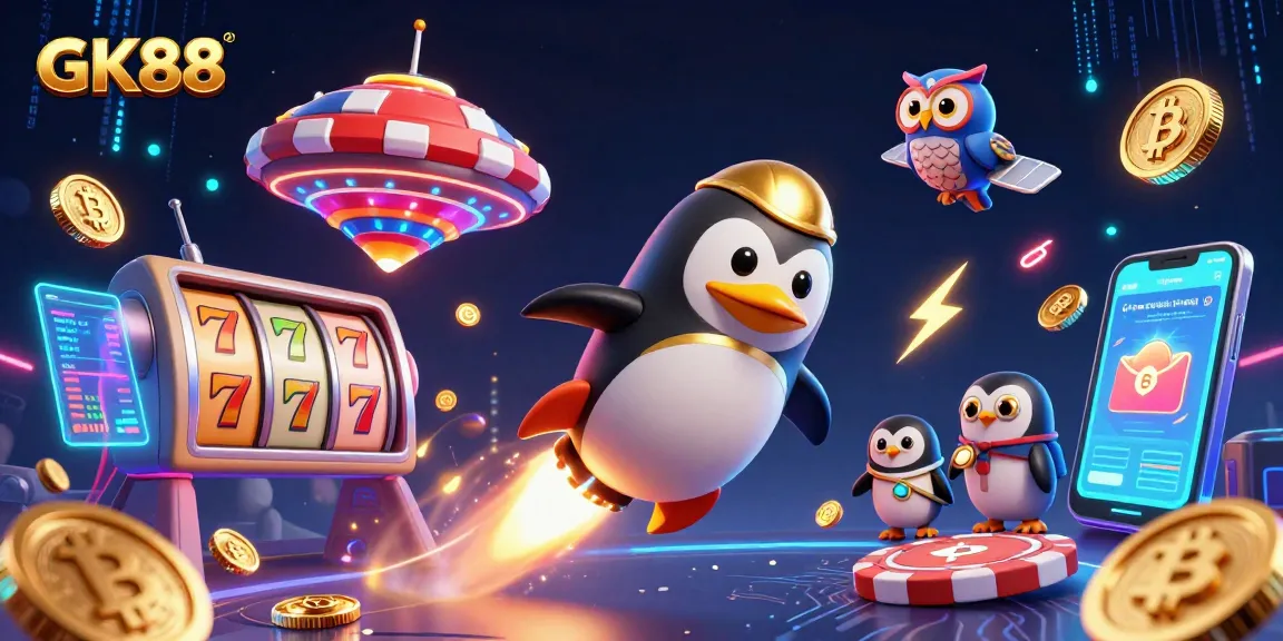 Engage with GK88's thrilling gameplay, featuring a golden penguin soaring through a cosmic casino with neon cryptocurrency elements.